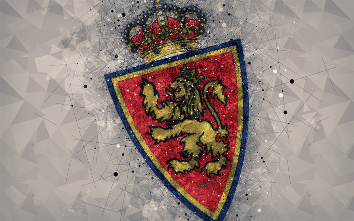 Il Real Zaragoza, 4k, arte geometrica, logo, grigio sfondo astratto, squadra di calcio spagnola, emblema, LaLiga2, Segunda Division B, Saragozza, Spagna, calcio, arte creativa