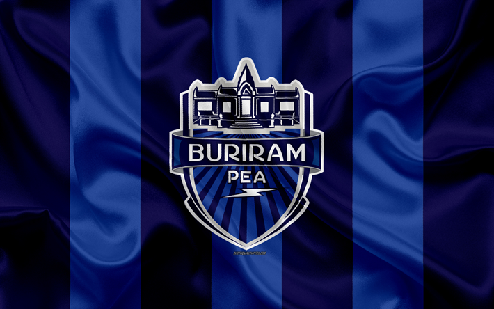 Buriram United FC, 4k, logo, silk texture, Thai football club, blue flag, Thai League 1, Buriram, Thailand, football, Thai Premier League