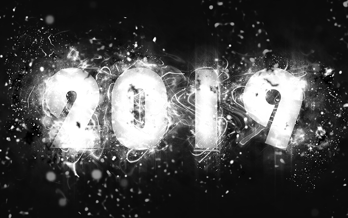 2019 o ano, 4k, branco d&#237;gitos, a arte abstrata, 2019 conceitos, fundo preto, criativo, Feliz Ano Novo 2019, luzes de neon