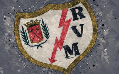Rayo Vallecano, 4k, geometric art, logo, gray abstract background, Spanish football club, emblem, LaLiga2, Segunda Division B, Madrid, Spain, football, creative art