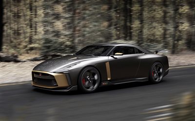 Nissan GT-R50, 2018, Italdesign Concept, front view, tuning, gray sports coupe, Japanese sports cars, road, speed, Nissan