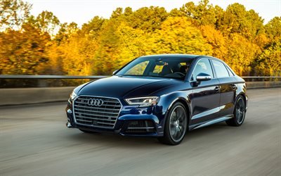 4k, Audi S3 Sedan, 2017 cars, road, blue s3, german cars, Audi