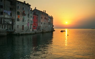 Rovinj, Croatie, coucher de soleil, mer, Istrie, Mer Adriatique