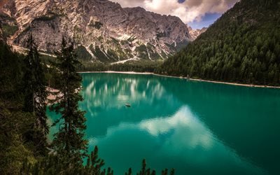 Dolomites, Lake Bryes, mountains, South Tyrol, mountain lake, emerald lake, glacial lake, sunset, Italy