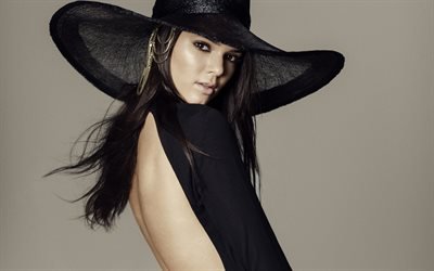 Kendall Jenner, Portrait, black evening dress, make-up, American model, Kardashian family, black hat