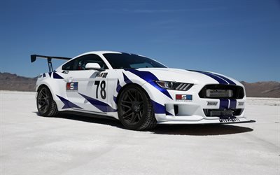 Ford Mustang, 2017, voiture de course, tuning Mustang, blanc Mustang, pulv&#233;risation, des voitures Am&#233;ricaines, Ford