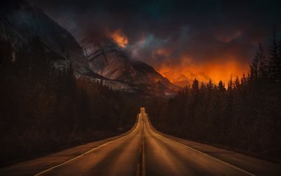 Canada, 4k, montanhas, estrada, p&#244;r do sol, floresta