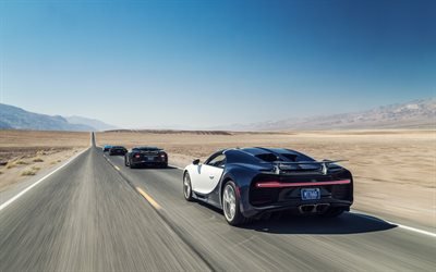 Bugatti Chiron, Hypercar, group of cars, USA, desert, racing cars, Bugatti