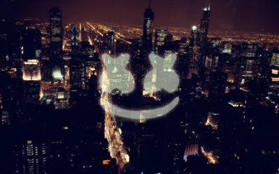 Marshmello, DJ, logo, night city, USA, skyscrapers