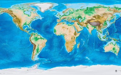 world map, geographical world map, 4k, continents, oceans, map of Europe, map of Asia, map of the USA