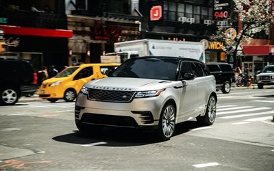 4k, Rover Velar R-Dinamik, 2018 otomobil, SUV, sokak, Range Rover Range