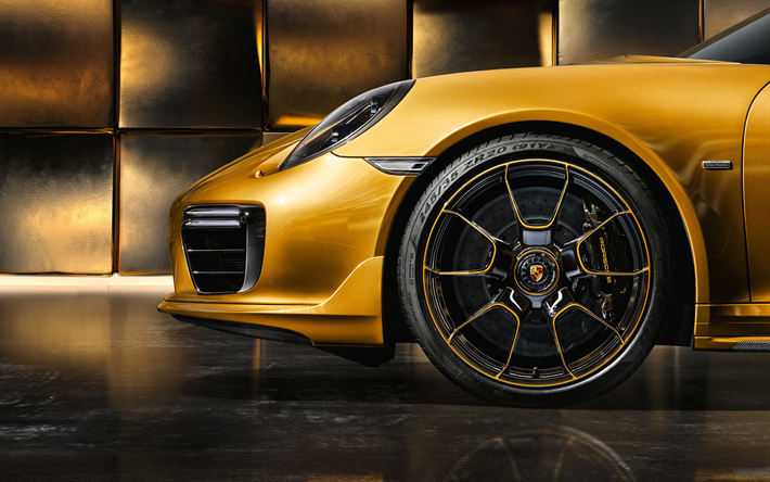 Porsche 911 Turbo, 2017, gold 911, sports cars, wheels, Porsche Exclusive Series, Porsche