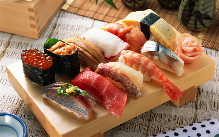seafoods, Japanese food, Japanese restaurant, sushi, rolls, red caviar, shrimp
