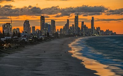 Miami Playa, puesta de sol, la Florida, la playa, los rascacielos, Miami, estados UNIDOS, el oc&#233;ano
