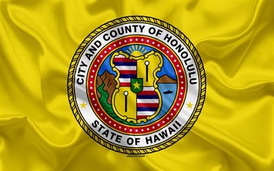 Flag of Honolulu, 4k, silk texture, American city, yellow silk flag, Hawaii flag, Texas, USA, art, United States of America, Honolulu