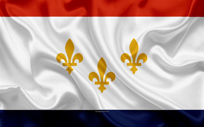 Bandeira da Nova Orleans, 4k, textura de seda, Cidade americana, seda branca bandeira, Nova Orleans bandeira, Louisiana, EUA, arte, Estados unidos da Am&#233;rica, Nova Orleans
