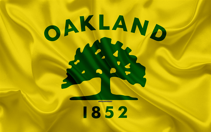 Lipun Oakland, 4k, silkki tekstuuri, Amerikkalainen kaupunki, keltainen silkki lippu, Oakland lippu, California, USA, art, Yhdysvallat, Oakland