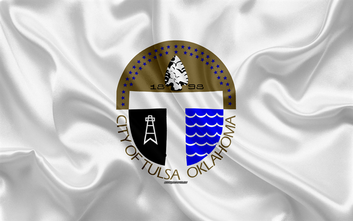 Flag of Tulsa, 4k, silk texture, American city, white silk flag, Tulsa flag, Oklahoma, USA, art, United States of America, Tulsa