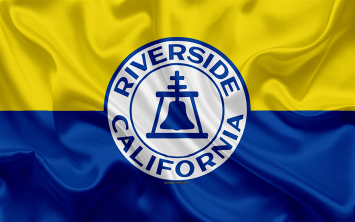 Bandiera di Riverside, 4k, seta, texture, citt&#224; Americana, blu, giallo, bandiera, Riverside bandiera, California, USA, arte, Stati Uniti d&#39;America, Riverside