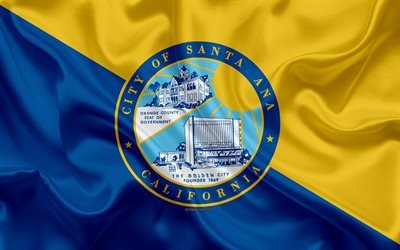 Flag of Santa Ana, 4k, silk texture, American city, blue yellow silk flag, Santa Ana flag, California, USA, art, United States of America, Santa Ana