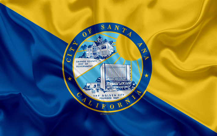 العلم من سانتا آنا, 4k, نسيج الحرير, مدينة أمريكية, الأزرق الأصفر الحرير العلم, سانتا آنا العلم, كاليفورنيا, الولايات المتحدة الأمريكية, الفن, سانتا آنا