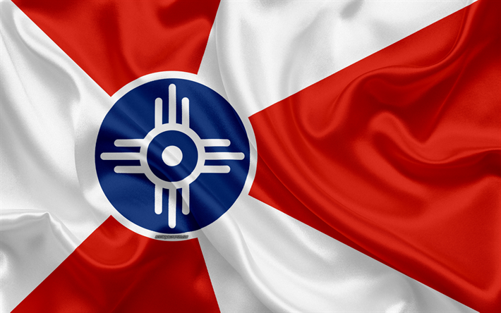 Bandiera di Wichita, 4k, seta, texture, citt&#224; Americana, rosso di seta bianca, bandiera, Wichita bandiera, Kansas, USA, arte, Stati Uniti d&#39;America, Wichita