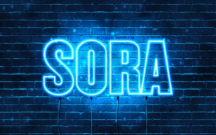 Sora, 4k, pap&#233;is de parede com os nomes de, texto horizontal, Nome de Sora, Feliz Anivers&#225;rio Sora, popular japon&#234;s nomes masculinos, luzes de neon azuis, imagem com nome de Sora