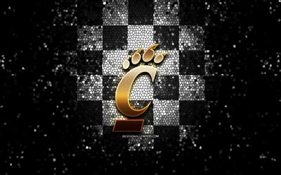 Cincinnati bearcats durante, glitter, logo, NCAA, nero, bianco, sfondo a scacchi, USA, squadra di football americano di Cincinnati bearcats durante il logo, il mosaico, il football americano, l&#39;America