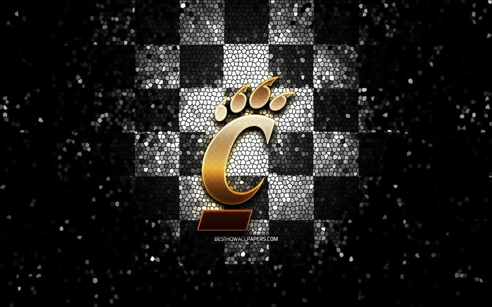 Cincinnati Bearcats, paillettes logo, NCAA, noir et blanc &#224; carreaux de fond, &#233;tats-unis, &#233;quipe de football am&#233;ricain, Cincinnati Bearcats logo, l&#39;art de la mosa&#239;que, le football am&#233;ricain, l&#39;Am&#233;rique