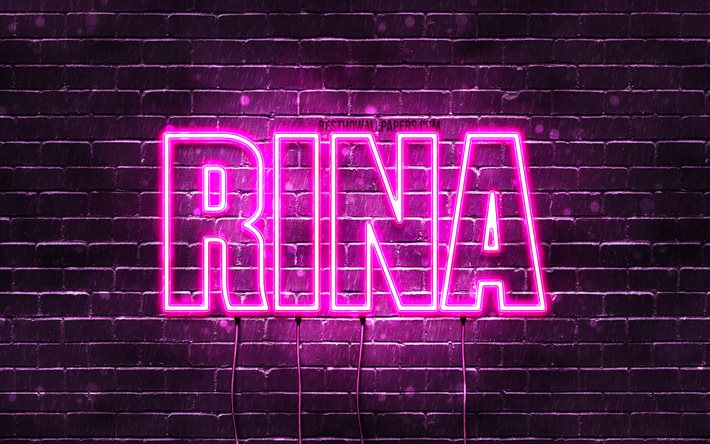rina, 4k, tapeten, die mit namen, weibliche namen name rina, lila, neon lichter, alles gute zum geburtstag rina, beliebte japanische weibliche namen, bild mit name rina