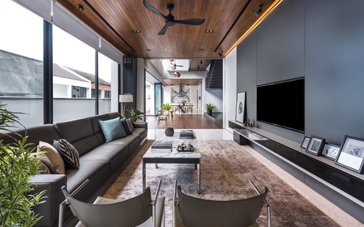 stylish living room interior design, loft style, brown marble floor, living room, modern interior design, gray leather sofa in the living room