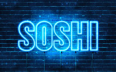 Soshi, 4k, taustakuvia nimet, vaakasuuntainen teksti, Soshi nimi, Hyv&#228;&#228; Syntym&#228;p&#228;iv&#228;&#228; Soshi, suosittu japanilainen mies nimet, blue neon valot, kuva Soshi nimi