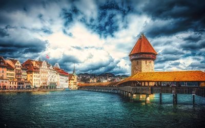 Lucerne, HDR, schweiziska st&#228;der, molnen, sommar, Schweiz, Europa