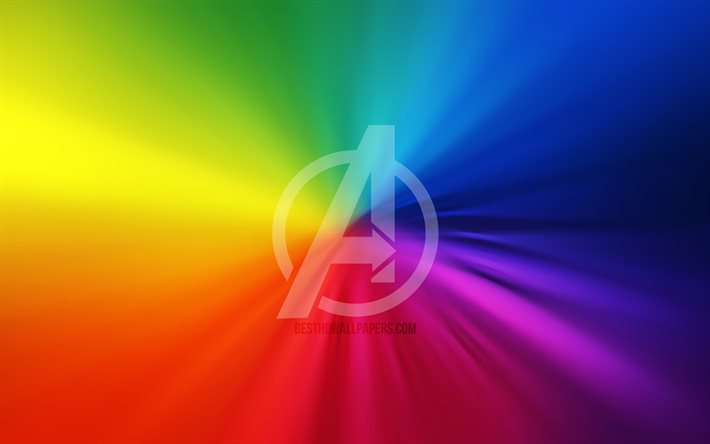 アベンジャーズのロゴ, 4k, 作品, 嵐, 虹の背景, アベンジャーズ
