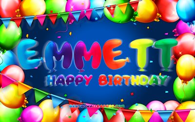 お誕生日おめでEmmett, 4k, カラフルバルーンフレーム, Emmett名, 青色の背景, Emmettお誕生日おめで, Emmett誕生日, 人気のアメリカの男性の名前, 誕生日プ, Emmett