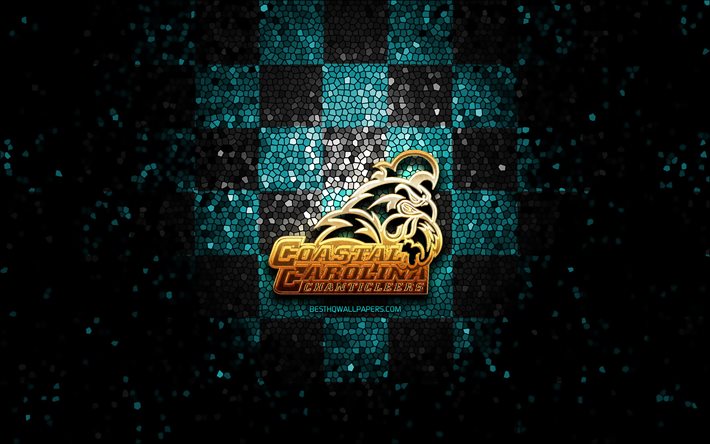 Coastal Carolina Chanticleers, glitter logo, NCAA, blue black checkered background, USA, american football team, Coastal Carolina Chanticleers logo, mosaic art, american football, America