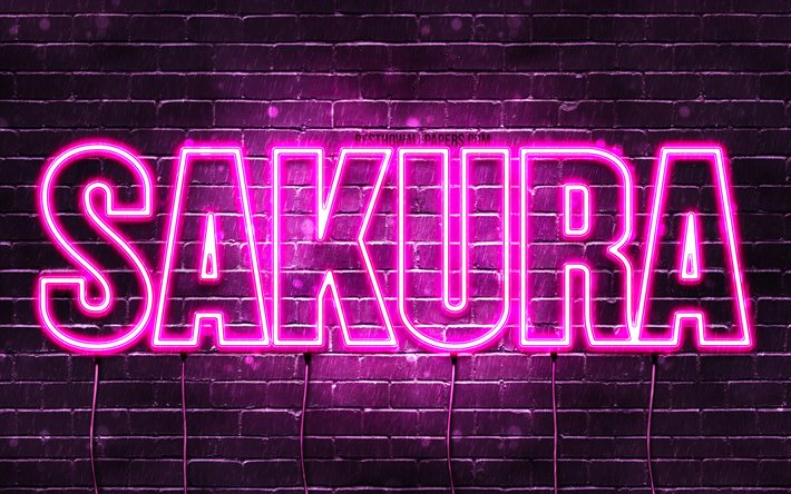 Sakura, 4k, isimleri, Bayan isimleri, Sakura adı, mor neon ışıkları Sakura adı, Doğum g&#252;n&#252;n kutlu olsun Sakura, pop&#252;ler Japon Bayan isimleri, resimli duvar kağıtları