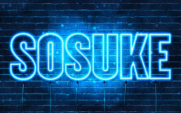 Sosuke, 4k, pap&#233;is de parede com os nomes de, texto horizontal, Sosuke nome, Feliz Anivers&#225;rio Sosuke, popular japon&#234;s nomes masculinos, luzes de neon azuis, imagem com Sosuke nome