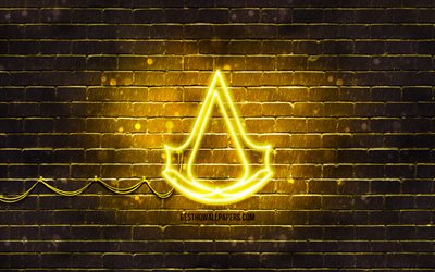 Assassins Creed giallo logo, 4k, giallo brickwall, Assassins Creed logo, giochi del 2020, Assassins Creed neon logo, Assassins Creed