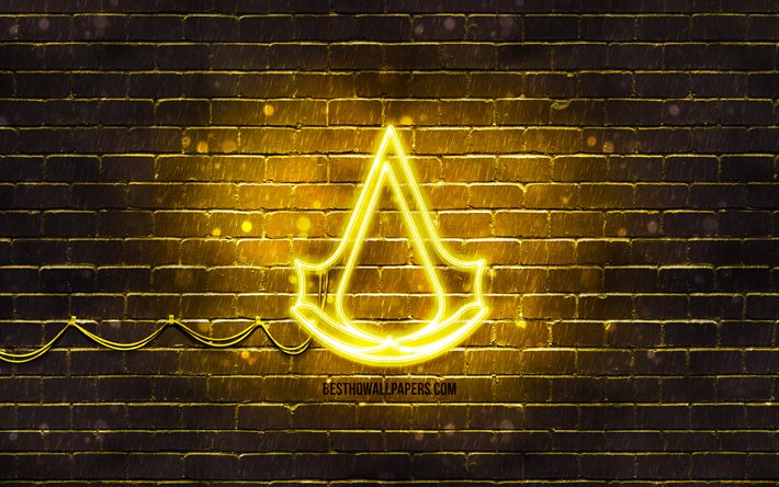 Assassins Creed keltainen logo, 4k, keltainen brickwall, Assassins Creed logo, 2020-pelit, Assassins Creed neon-logo, Assassins Creed