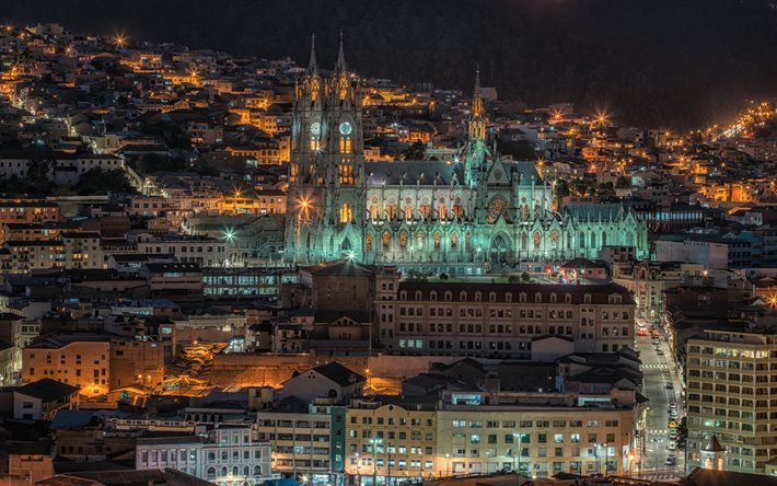 Bas&#237;lica do Voto Nacional, Igreja Cat&#243;lica romana, Quito, noite, marco, Quito paisagem urbana, Equador, neo-G&#243;tico bas&#237;lica