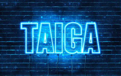 Taiga, 4k, pap&#233;is de parede com os nomes de, texto horizontal, Taiga nome, Feliz Anivers&#225;rio Taiga, popular japon&#234;s nomes masculinos, luzes de neon azuis, imagem com Taiga nome