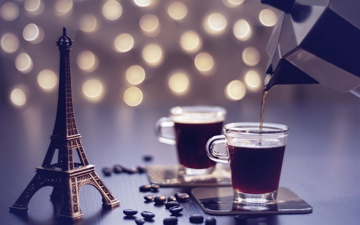 Paris, Fransa, Paris&#39;te kahve fincanları, Eyfel Kulesi heykelcik, kahve, kahve kavramları, kahve &#231;ekirdekleri, Seyahat