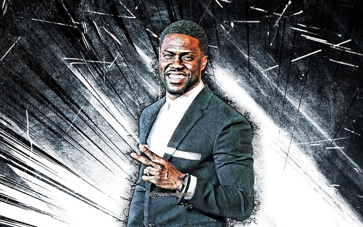 4k, Kevin Hart, grunge art, american actor, movie stars, Hollywood, Kevin Darnell Hart, white abstract rays, american celebrity, creative, Kevin Hart 4K