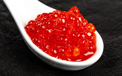 red caviar, spoon with red caviar, fish dishes, appetizer, caviar