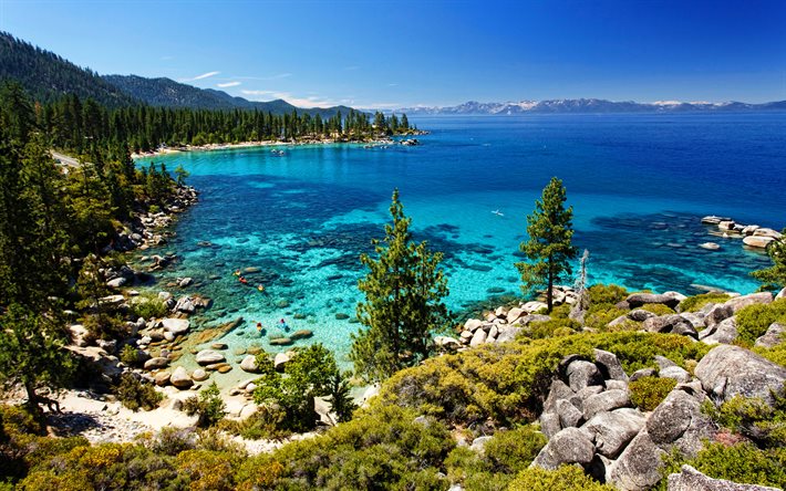 Lake Tahoe, 4k, ver&#227;o, floresta, bela natureza, Sierra Nevada, EUA, american natureza, Am&#233;rica
