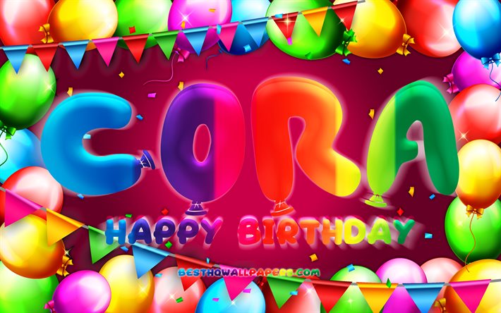 Joyeux Anniversaire Cora, 4k, color&#233; ballon cadre, Cora nom, fond mauve, Cora Joyeux Anniversaire, Cora Anniversaire, populaire am&#233;ricaine des noms f&#233;minins, Anniversaire concept, Cora