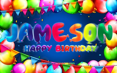 お誕生日おめでJameson, 4k, カラフルバルーンフレーム, Jameson名, 青色の背景, Jamesonお誕生日おめで, Jameson誕生日, 人気のアメリカの男性の名前, 誕生日プ, Jameson