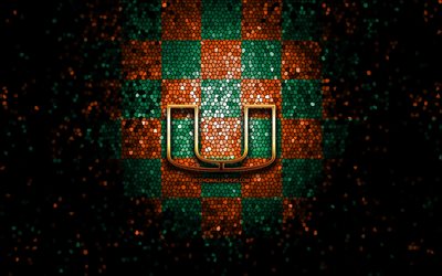 Miami Hurricanes, glitter logo, NCAA, orange green checkered background, USA, american football team, Miami Hurricanes logo, mosaic art, american football, America
