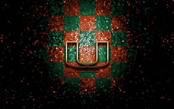 Miami Hurricanes, glitter, logo, NCAA, arancione, verde, sfondo a scacchi, USA, squadra di football americano, Miami Hurricanes logo, il mosaico, il football americano, l&#39;America